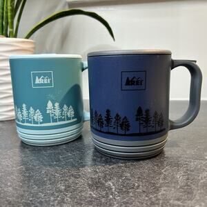 2- REI Ecycle Teal & Blue Mountains Insulated Mug w/ Handle Cup & Lid 12 oz Each